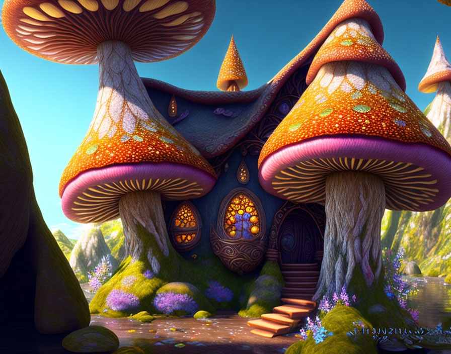 Fantastical mushroom-shaped house in vibrant forest setting