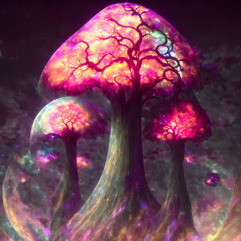 Fantasy-like luminescent trees against cosmic sky