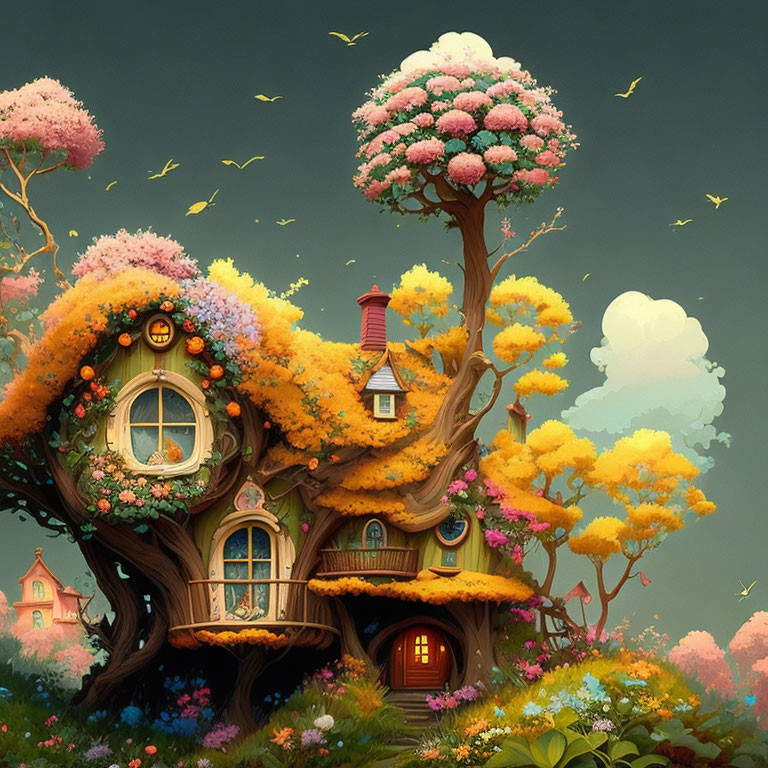 Colorful Blooms in Whimsical Treehouse Landscape