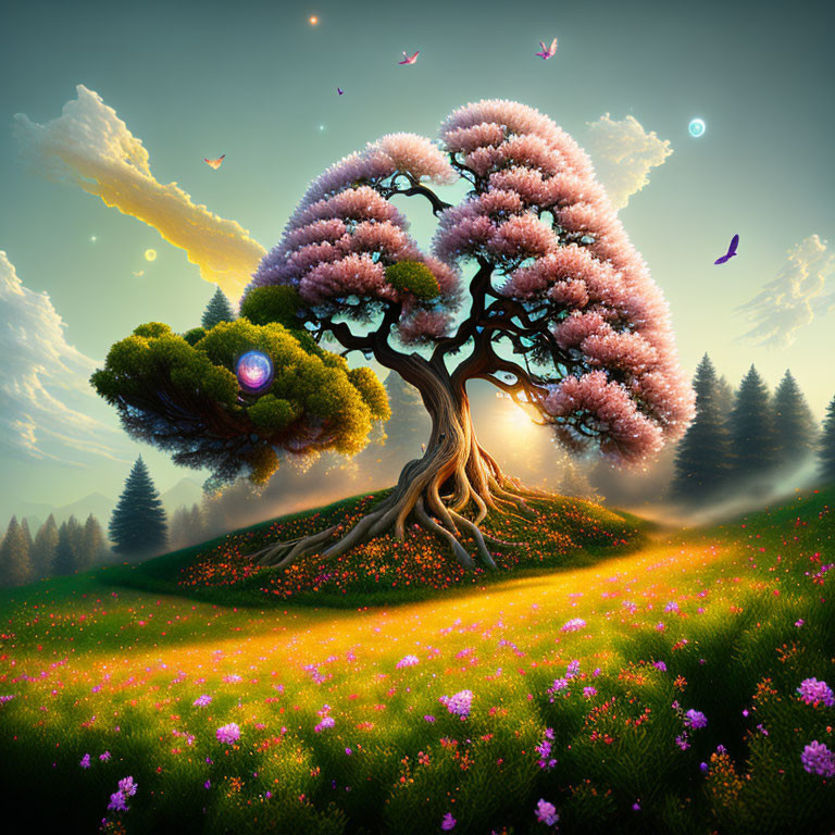 Enchanting pink foliage tree with glowing orbs and butterflies in magical twilight meadow