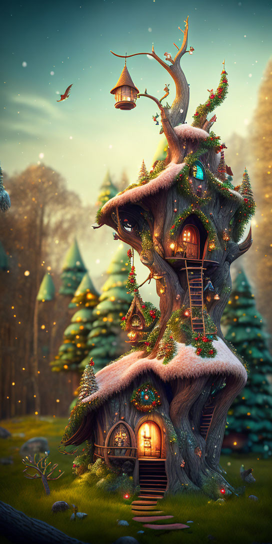 Winter forest treehouse with Christmas decorations, lights, and snow.