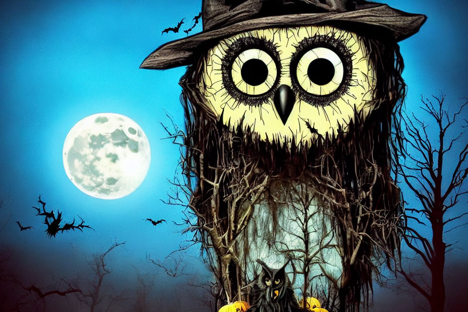 Illustrated owl with large eyes in hat on tree branch under full moon and night sky with bats