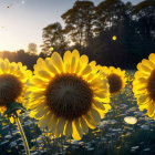 Sunflowers in warm sunlight against hazy forest backdrop.