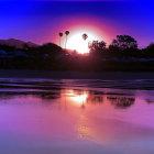 Mystical landscape at dusk with glowing mushrooms, rocks, central sun, and purple sky.