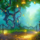 Whimsical treehouses in enchanted forest with glowing lanterns