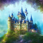 Majestic fairy-tale castle on lush islet with spires, waterfalls, mist,