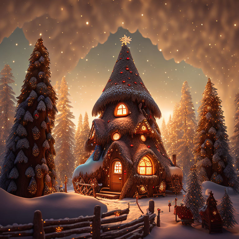 Snow-covered cottage nestled among pine trees under starry sky in magical winter scene