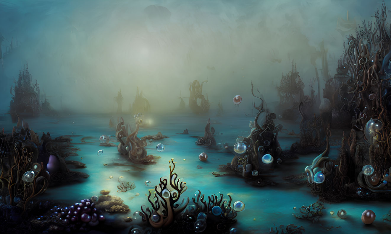 Ethereal underwater scene with glowing plants and orbs in blue fog