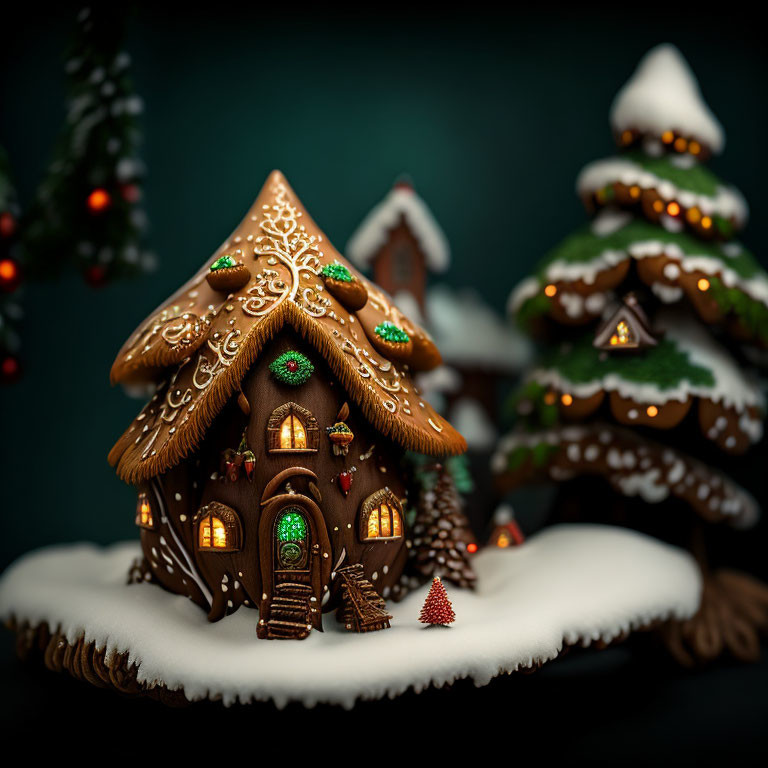 Detailed Icing Decorated Gingerbread House in Winter Scene