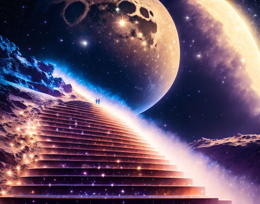 Celestial staircase with glowing steps under massive moon and golden planet