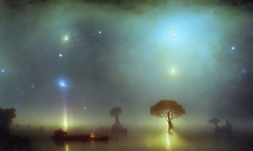 Ethereal nightscape with radiant nebula, shimmering stars, mist-covered lake, trees,