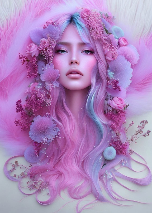 Pastel pink and blue hair woman with floral adornments