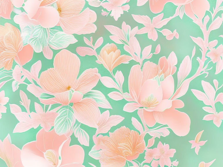 Pastel floral pattern with pink and orange flowers on soft green background