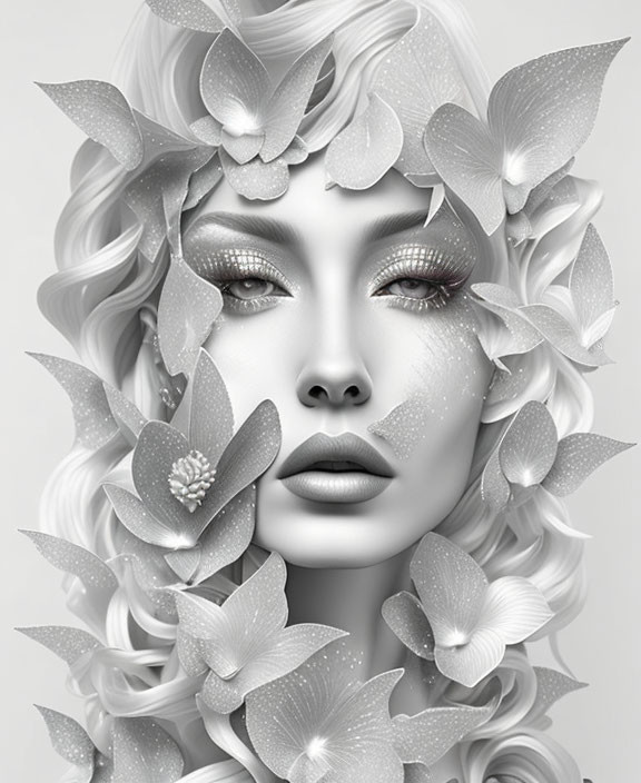 Monochromatic portrait of a woman with floral and butterfly adornments