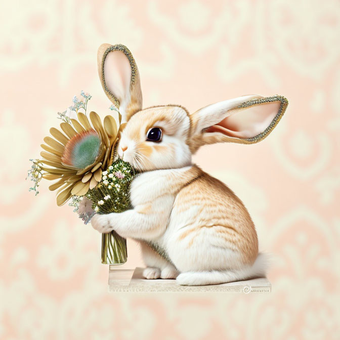 Illustrated fawn and white rabbit with flowers on peach background