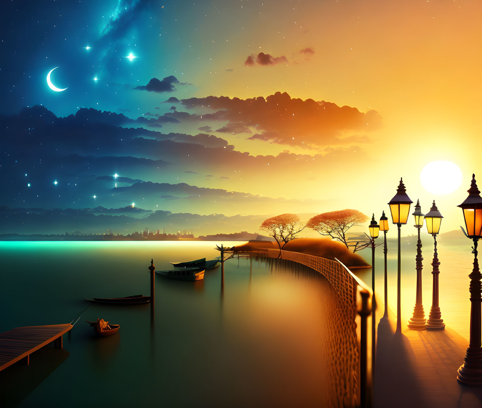 Tranquil twilight scene: crescent moon, falling stars, calm lake, boats, lampp