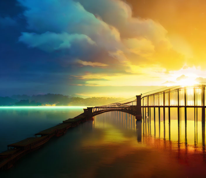 Tranquil sunset over calm water with distant bridge, golden and blue hues