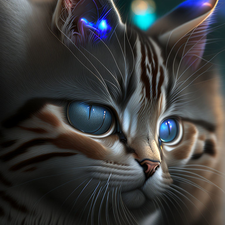 Detailed close-up of cat with striking blue eyes and fur, enhanced by subtle blue reflections