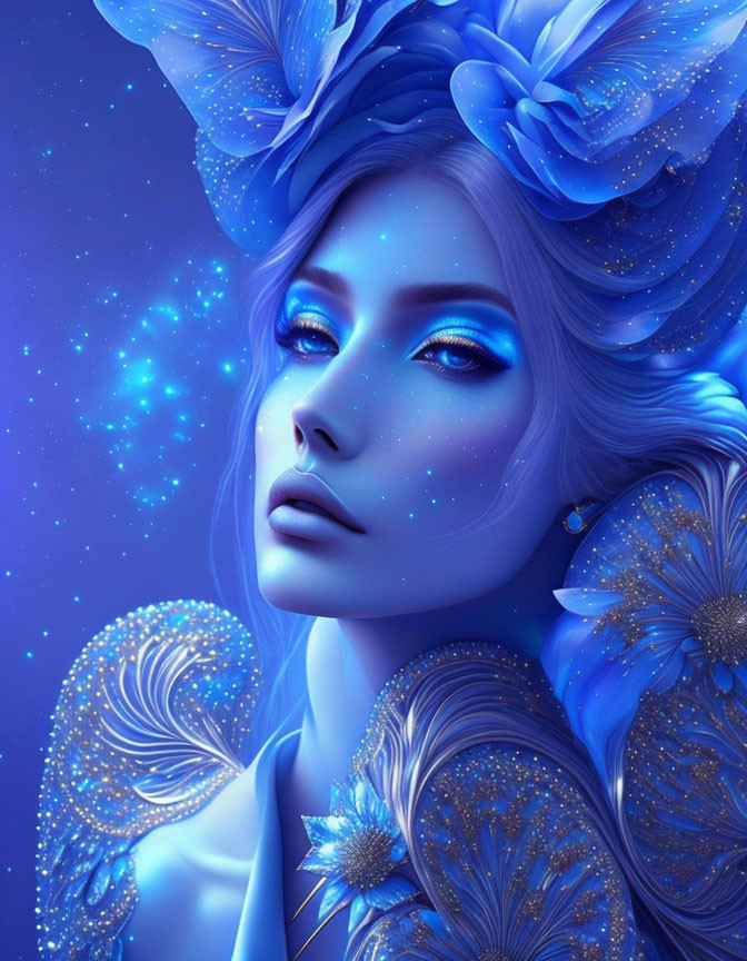 Fantasy illustration of a woman with blue skin and celestial adornments