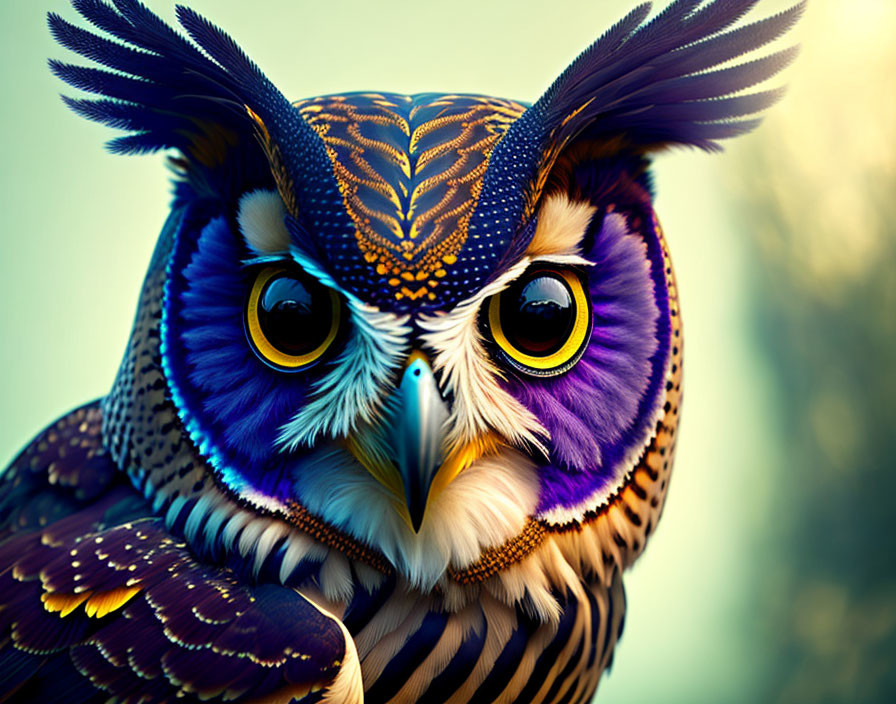 Vibrant owl illustration with intricate patterns and big yellow eyes