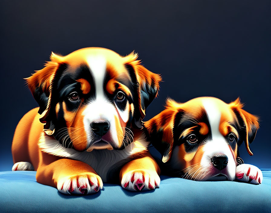 Illustrated puppies with brown, black, and white fur on dark blue background