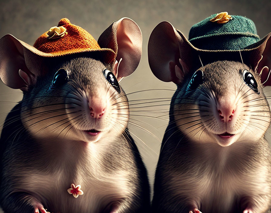 Cartoon mice with human-like features in colorful hats pose for a portrait