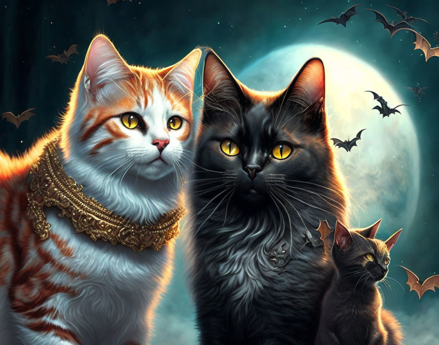 Two Cats Sitting Under Night Sky with Moon and Bats