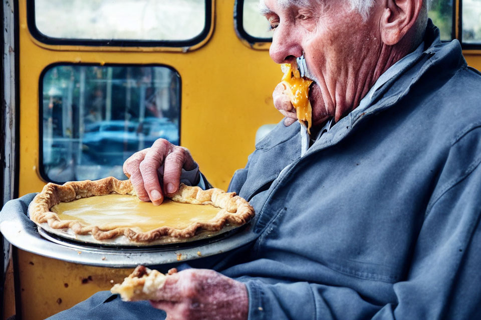 Elderly Man Eating Pie on Bus