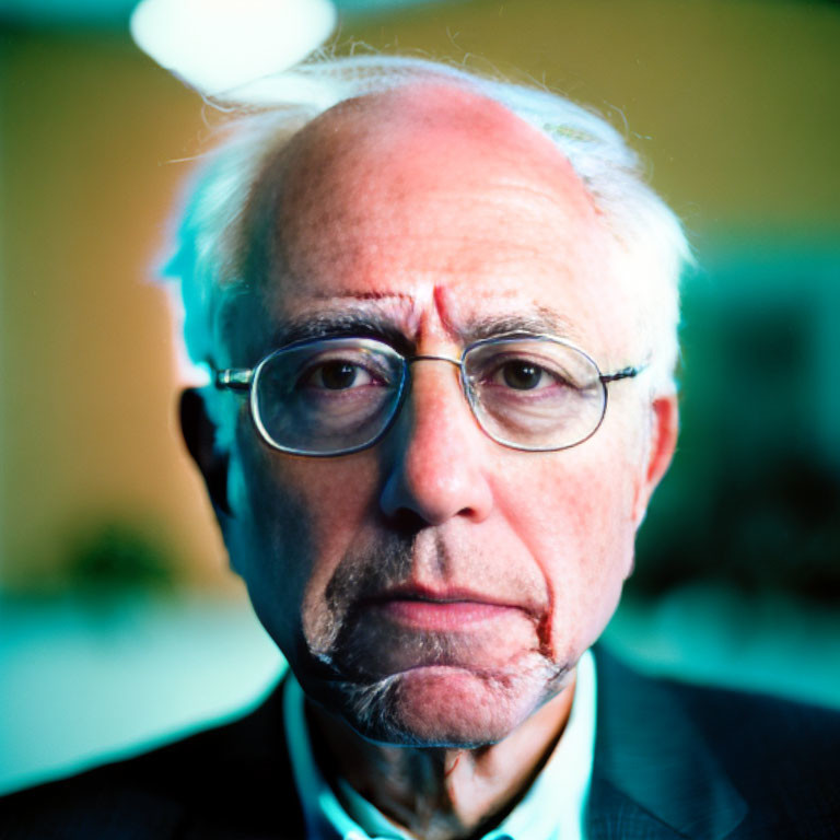 Elderly person with glasses and white hair in close-up portrait