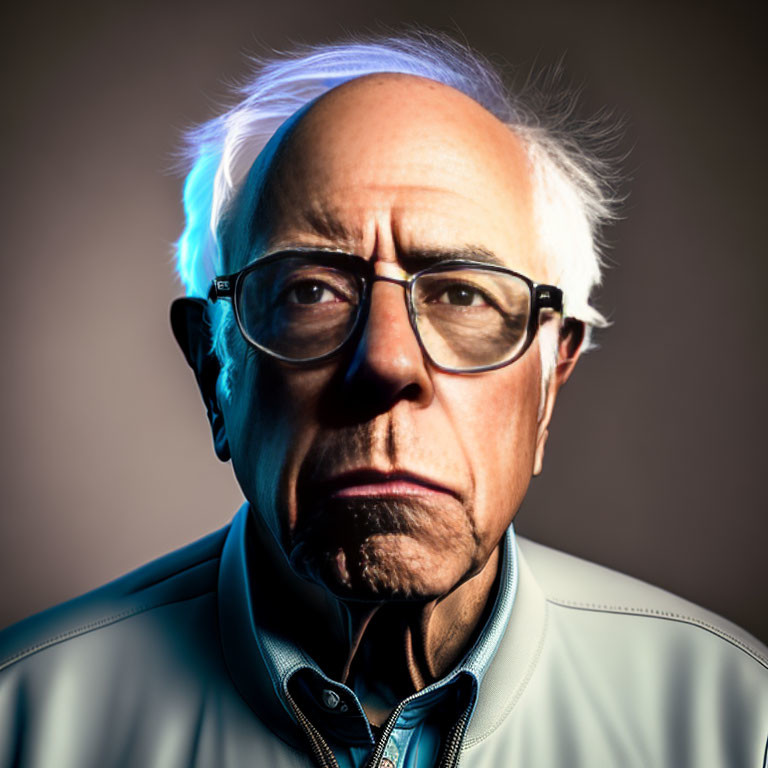 Elderly man with white hair and glasses in serious pose