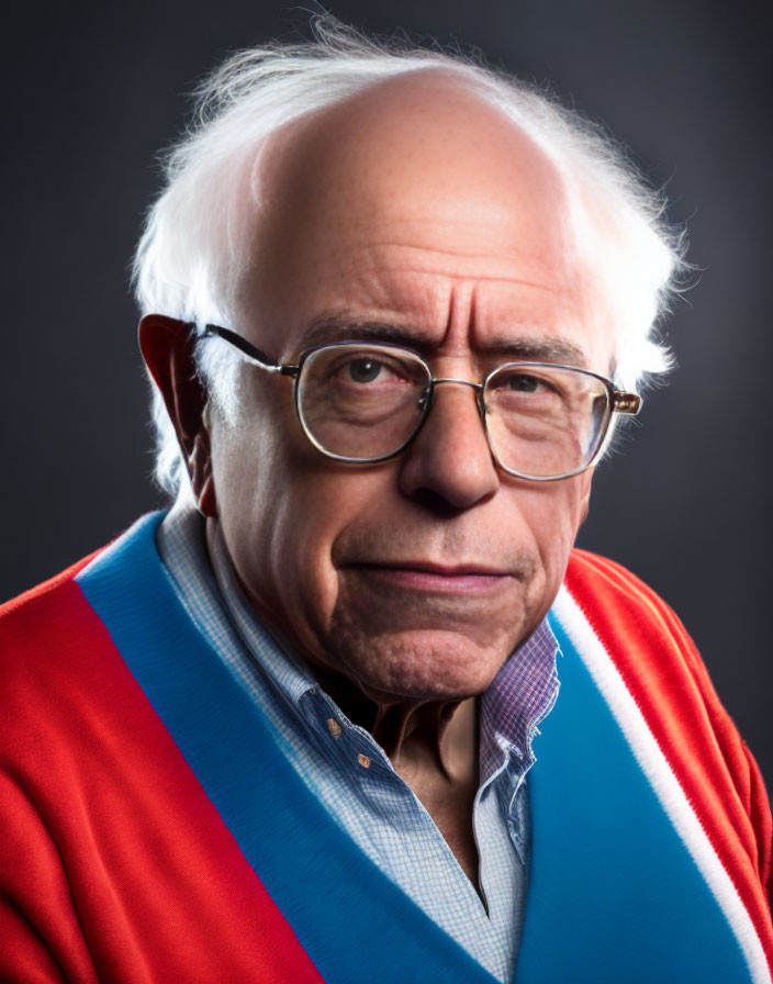 Elderly person with glasses and stern expression in blue shirt and striped sweater