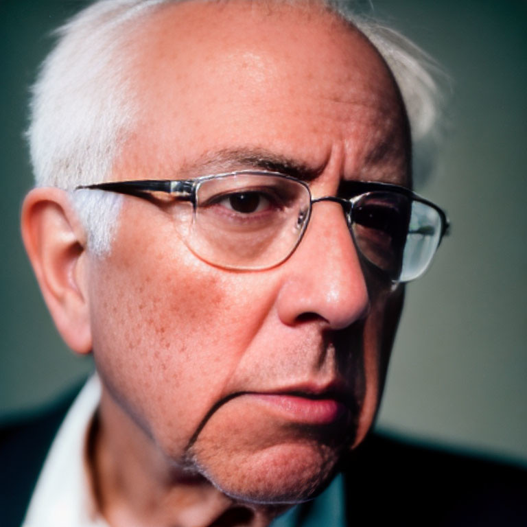 Elderly man with white hair and glasses in serious expression