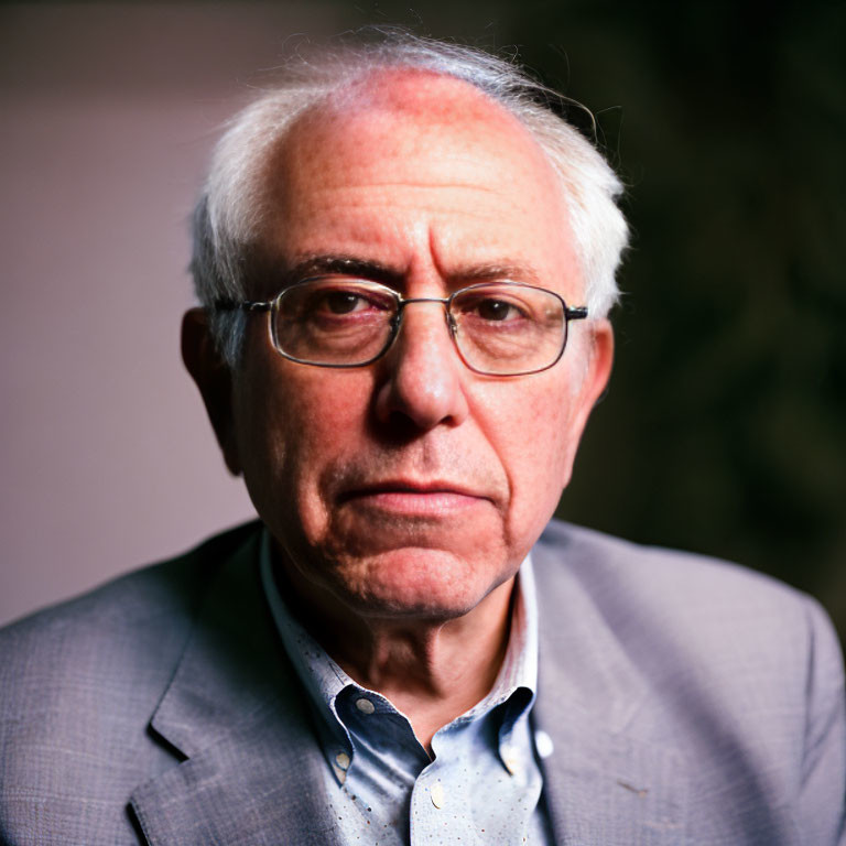 Serious elderly man with white hair and glasses in blue shirt