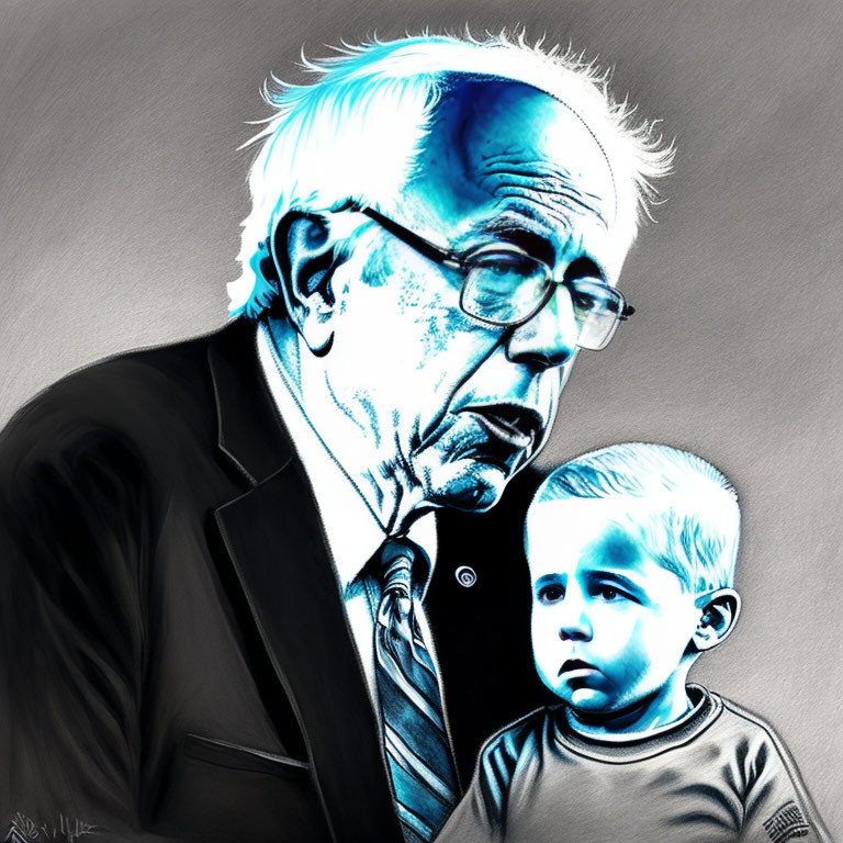 Illustration of older man with white hair and glasses beside young child in blue and black colors on gray