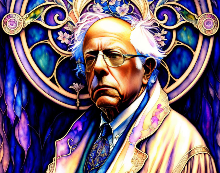 Man with Glasses in Stern Expression on Psychedelic Background