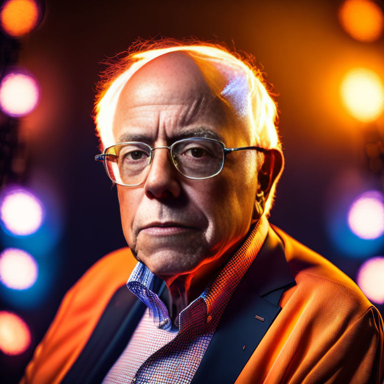 Elderly Man Portrait in Glasses with Colorful Lights