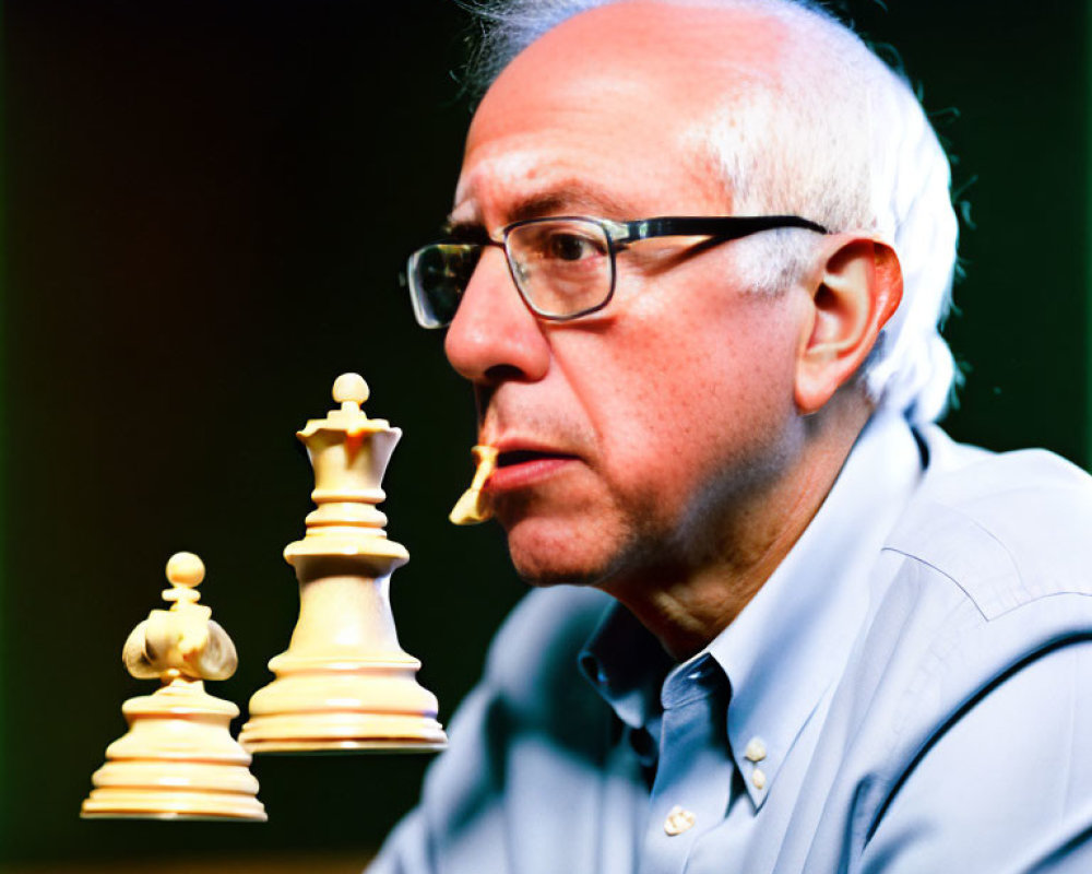 Elderly man playing chess with bishop and queen in foreground