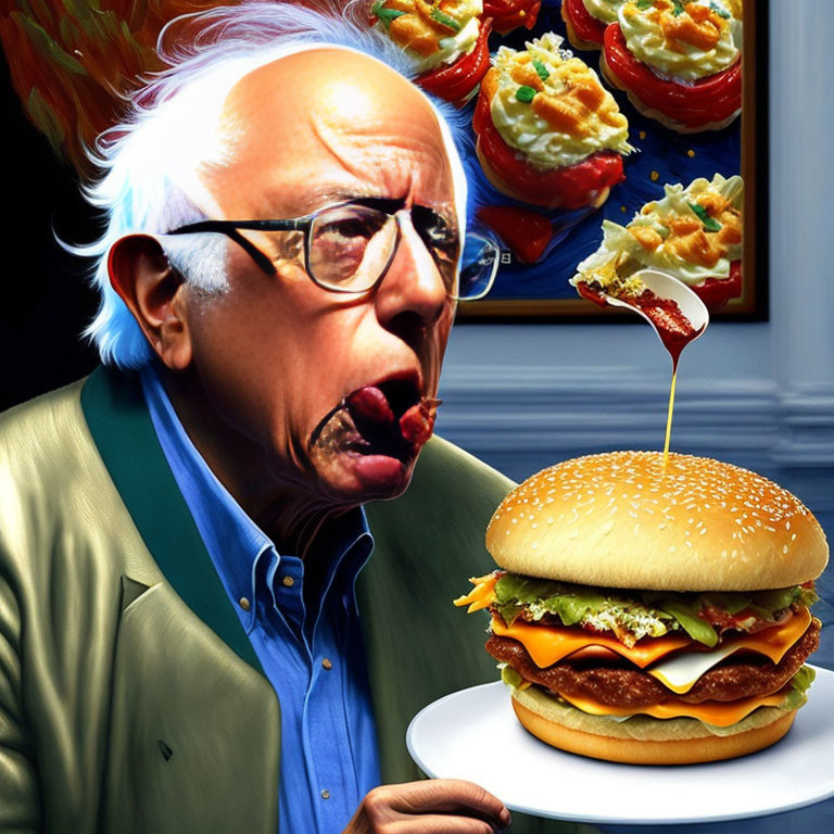 Exaggerated man caricature sticking tongue at cheeseburger and appetizers