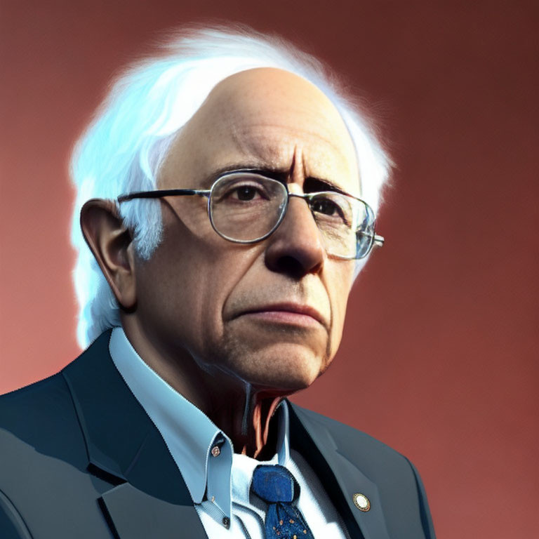 Elderly man with white hair, glasses, suit, tie, and lapel pin