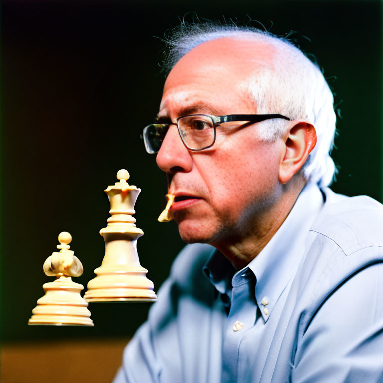 Elderly man playing chess with bishop and queen in foreground