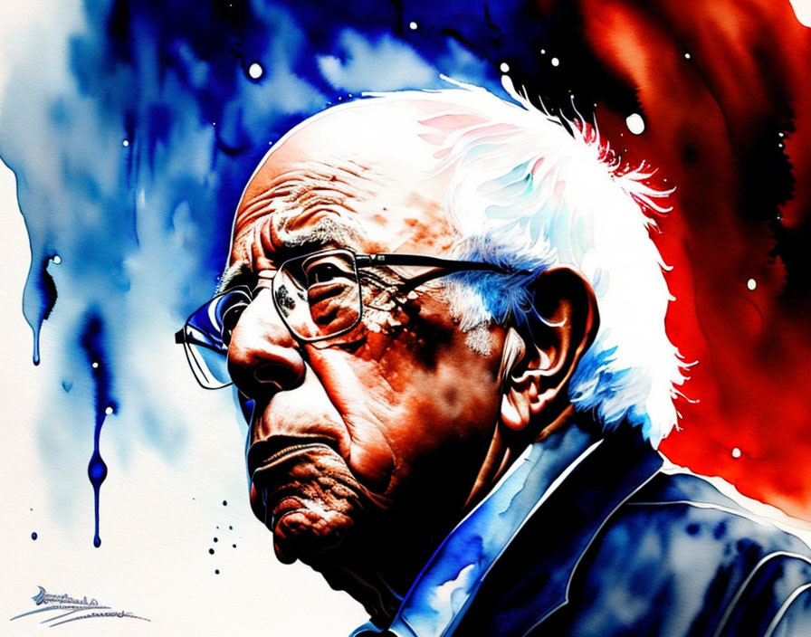 Vibrant side profile portrait of elderly man with glasses on red and blue splattered backdrop