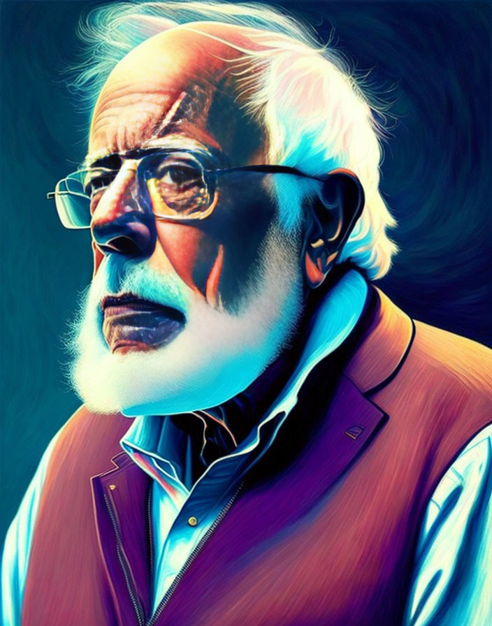 Elderly man with white hair and beard in digital portrait