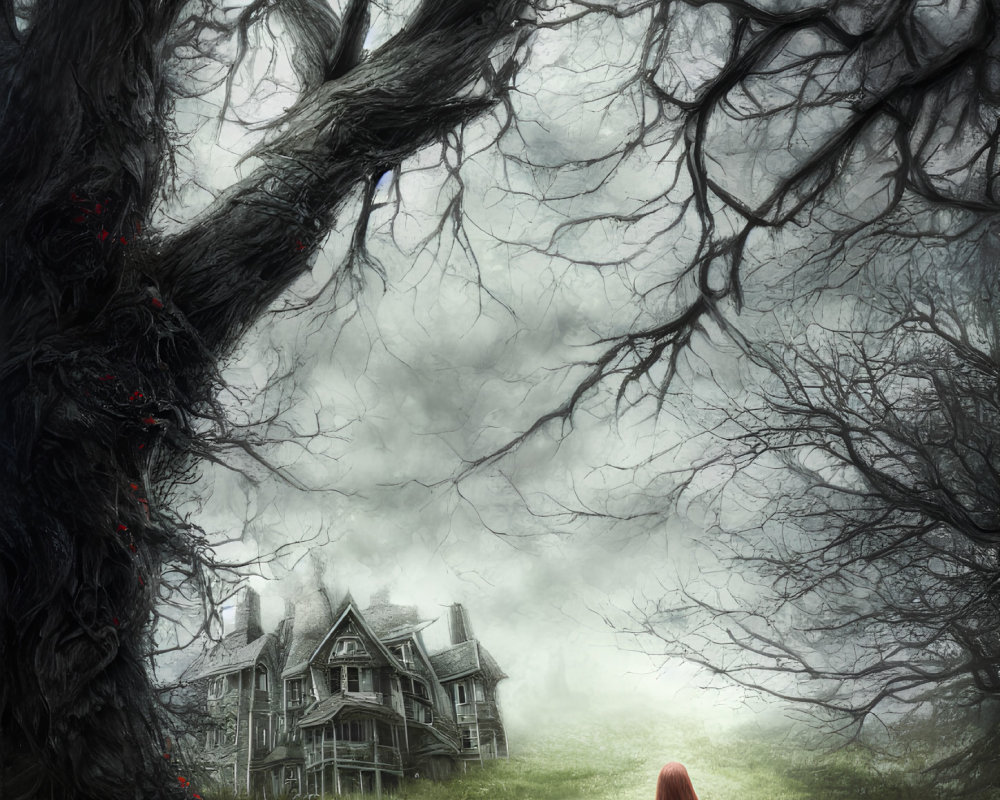 Red-haired person near eerie Gothic house in foggy landscape.