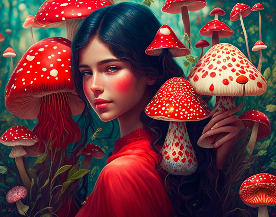 Digital artwork: Woman with blue hair in enchanted forest with red and white mushrooms