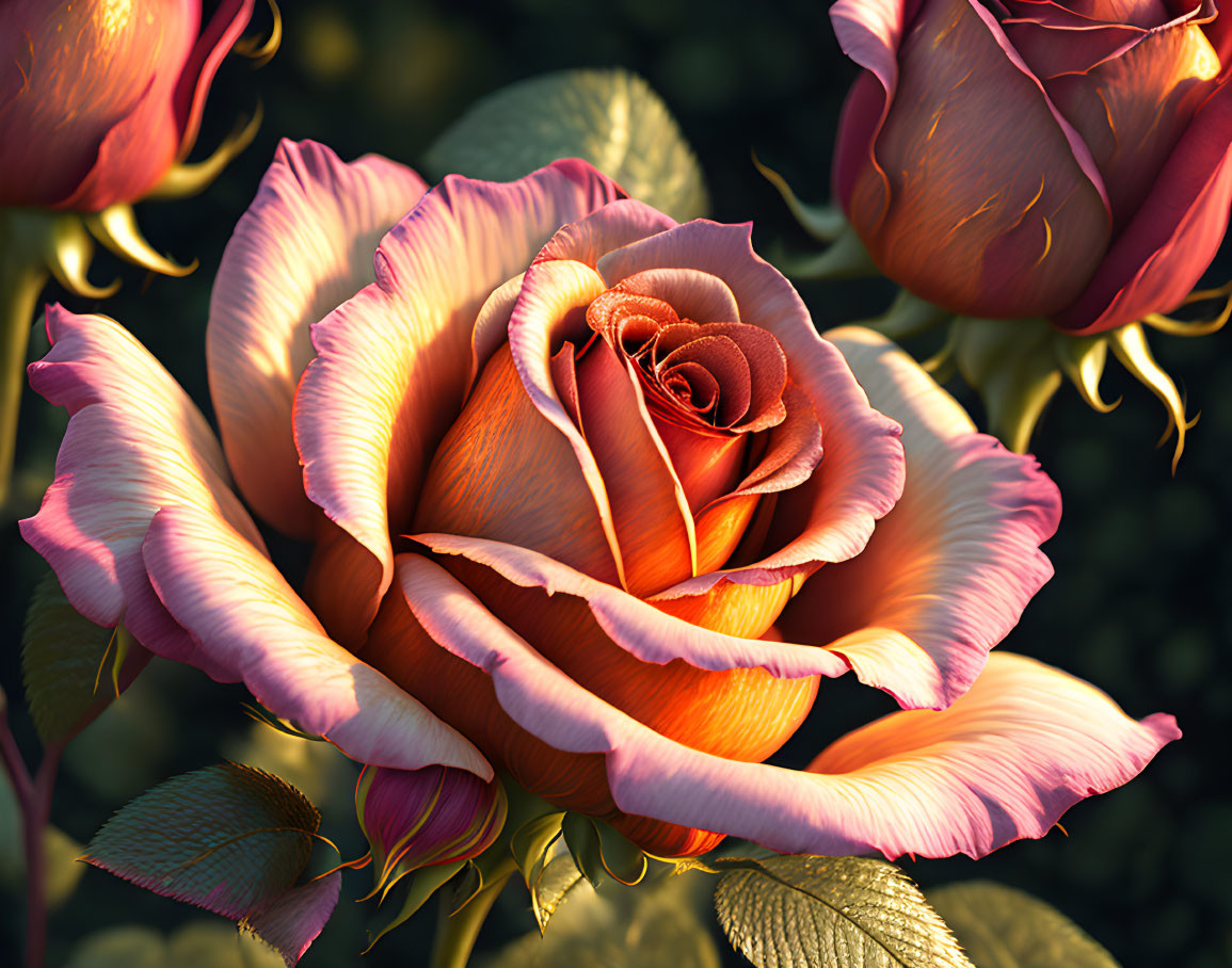 Close-up of vibrant rose with yellow to deep pink gradient petals against greenery background