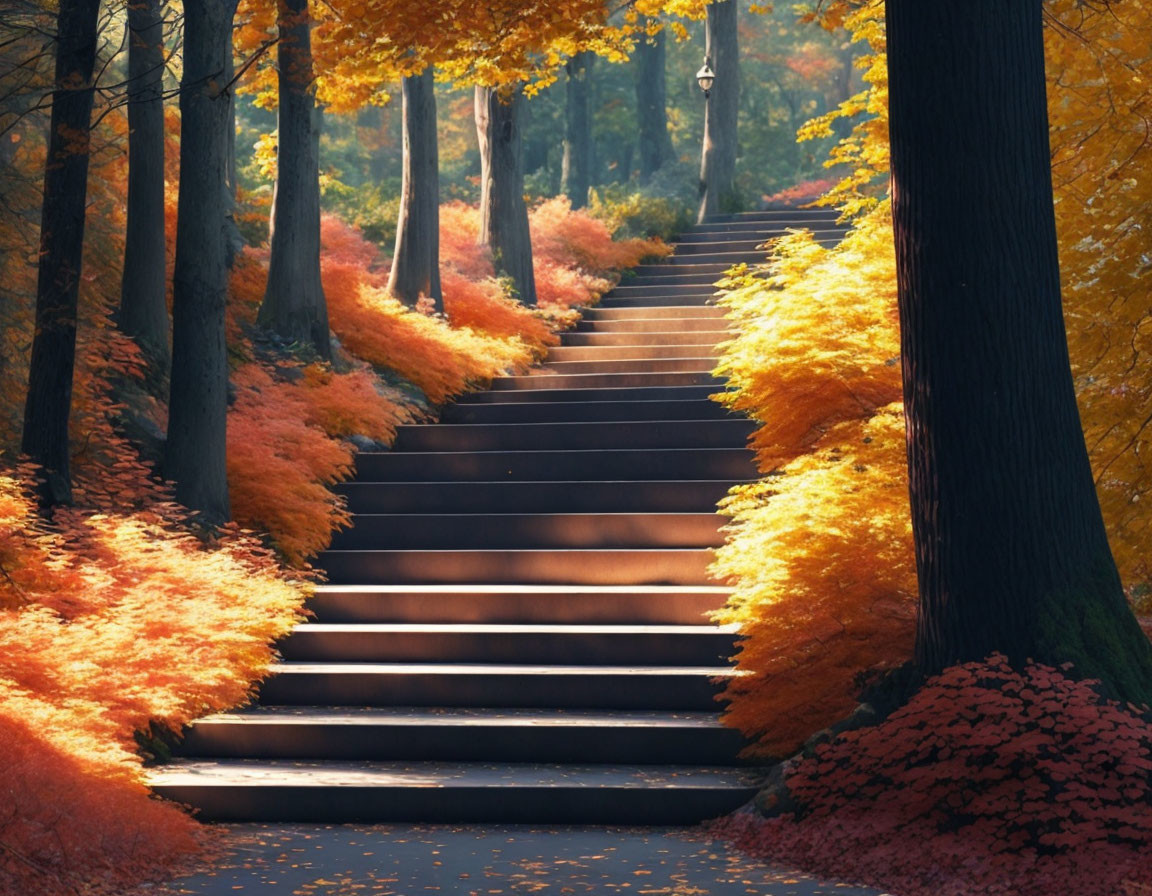 Tranquil autumn staircase with red-orange leaf trees