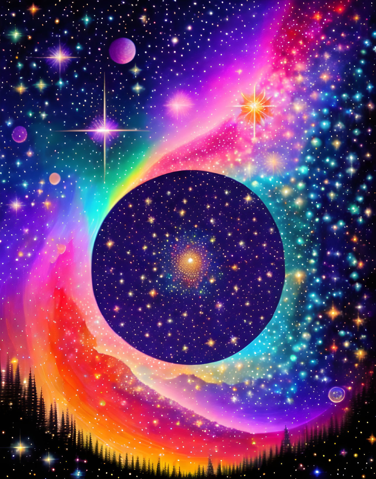 Colorful Cosmic Scene with Stars, Nebulae, and Silhouetted Trees