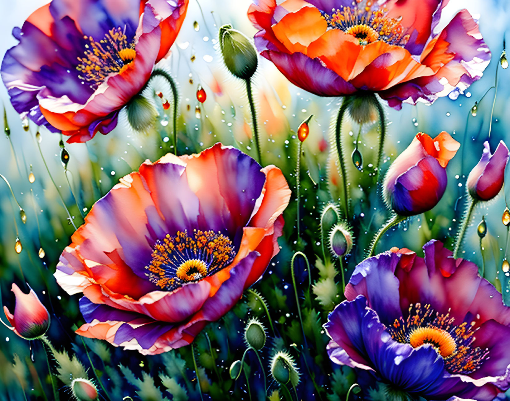 Colorful poppies with dewdrops on vibrant digital illustration