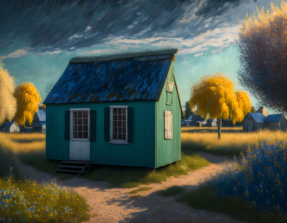 Teal Cottage with Blue Roof in Golden Field under Dramatic Sky