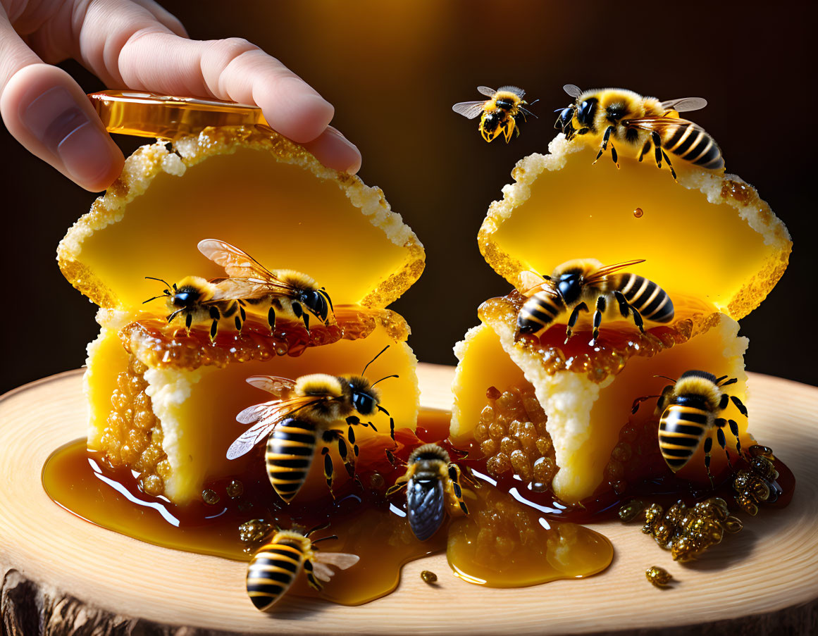 Honeycomb cracked open with bees on wooden surface